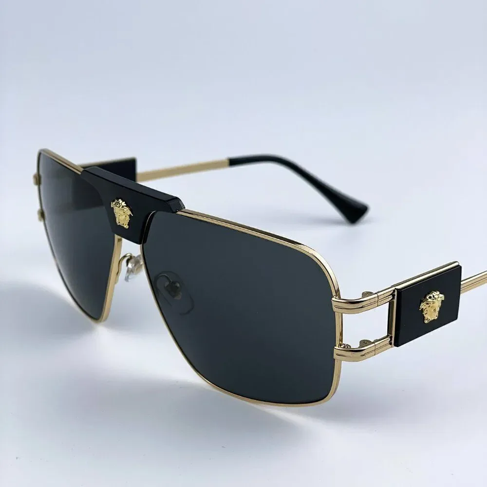 NEW Versace VE2251 100287 Gold Dark Grey Metal Pilot Men Sunglasses